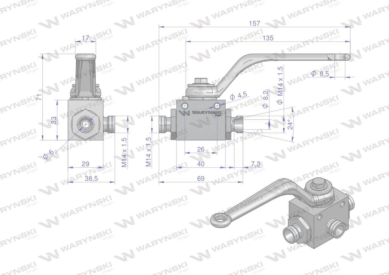 Zawór kulowy hydrauliczny 3-drogowy 3/2 m14x1.5 08l z otworami mocującymi 500 bar waryński Zawór kulowy hydrauliczny 3-drogowy 3/2 m14x1.5 08l z otworami mocującymi 500 bar waryński - obrazek 3