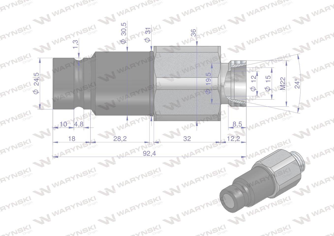 Szybkozłącze hydrauliczne suchoodcinające wtyczka m22x1.5 15l gwint zewnętrzny iso16028 waryński Szybkozłącze hydrauliczne suchoodcinające wtyczka m22x1.5 15l gwint zewnętrzny iso16028 waryński - obrazek 2