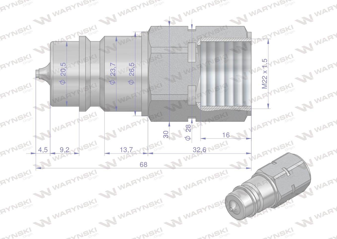 Szybkozłącze hydrauliczne wtyczka z eliminatorem ciśnienia m22x1.5 gwint wew euro iso 7241-a waryński Szybkozłącze hydrauliczne wtyczka z eliminatorem ciśnienia m22x1.5 gwint wew euro iso 7241-a waryński - obrazek 4