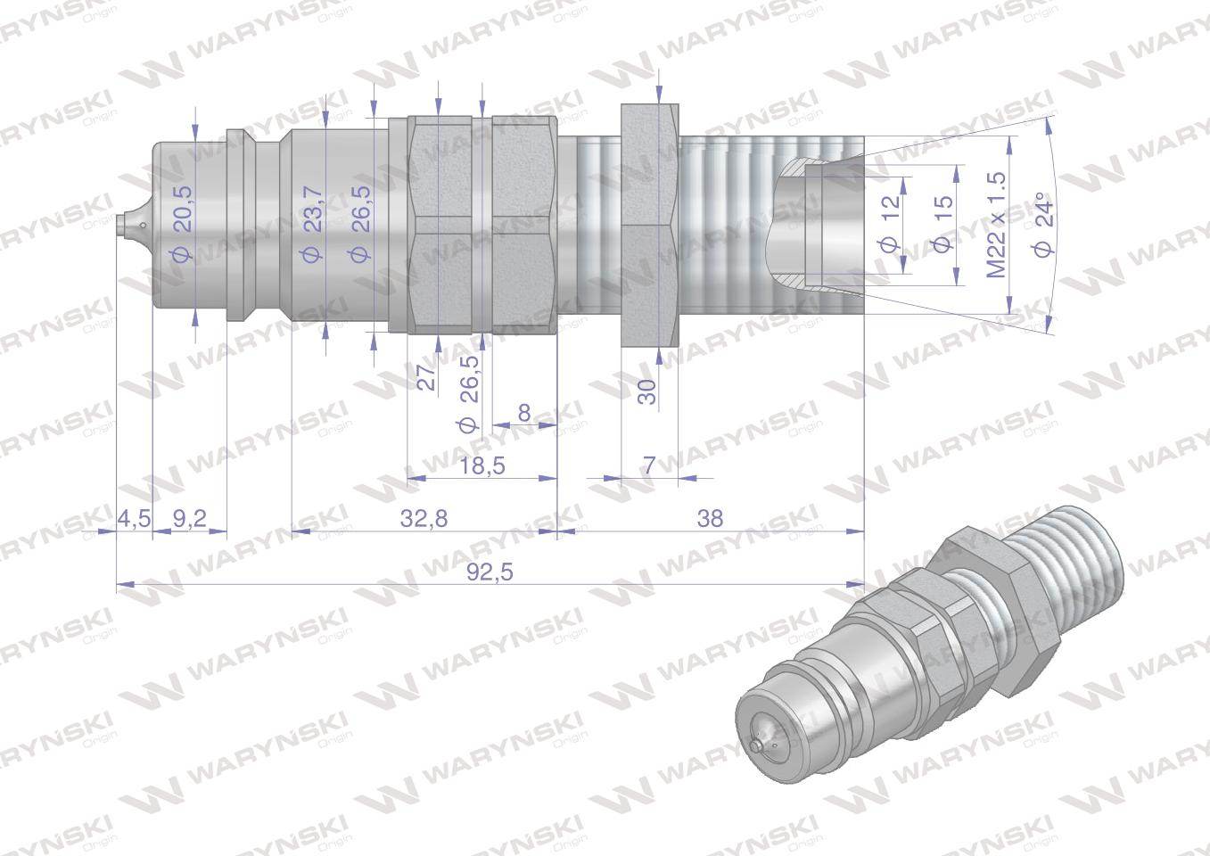 Szybkozłącze hydrauliczne wtyczka long z eliminatorem ciśnienia m22x1.5 gwint zew euro 9100822w iso 7241-a waryński Szybkozłącze hydrauliczne wtyczka long z eliminatorem ciśnienia m22x1.5 gwint zew euro 9100822w iso 7241-a waryński - obrazek 4