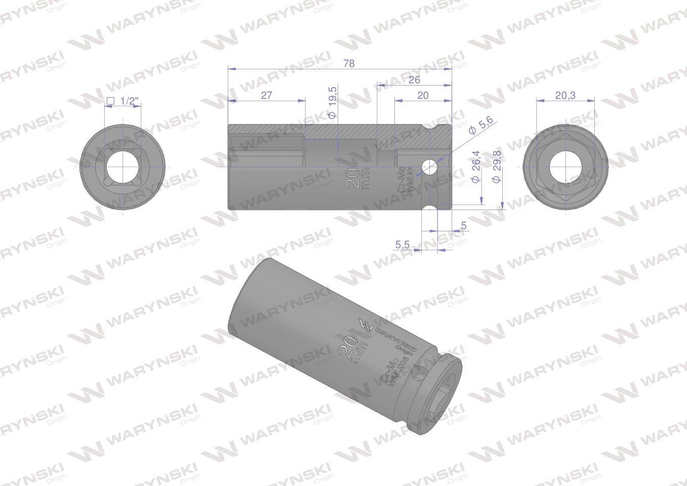 Nasadka udarowa sześciokątna długa 1/2" 20mm crmo din 3129 waryński Nasadka udarowa sześciokątna długa 1/2" 20mm crmo din 3129 waryński - obrazek 3