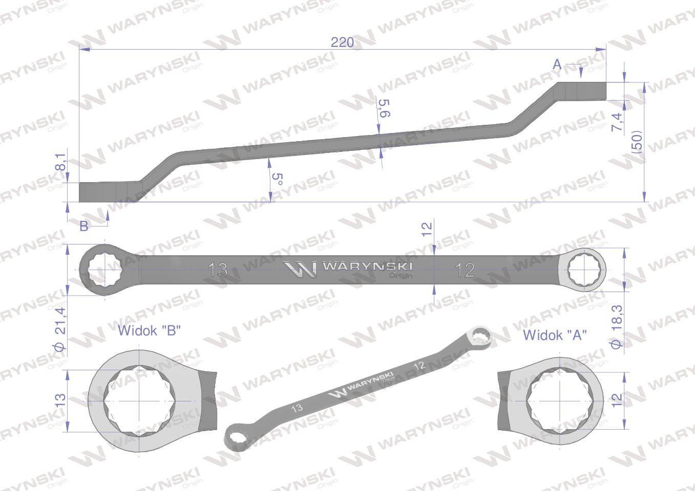 Klucz oczkowy odsadzony 12x13mm crv standard asme b107.9 waryński Klucz oczkowy odsadzony 12x13mm crv standard asme b107.9 waryński - obrazek 2