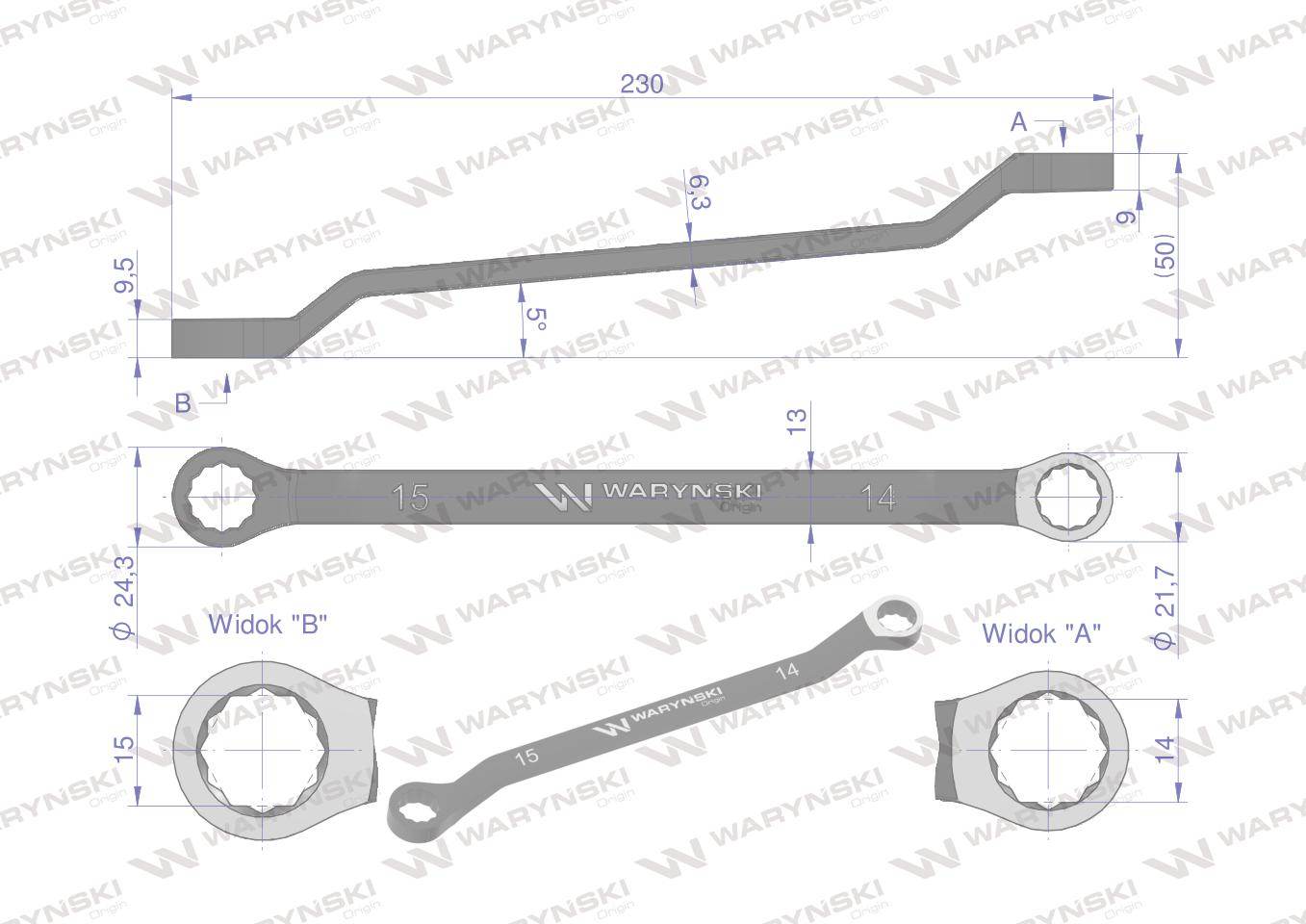Klucz oczkowy odsadzony 14x15mm crv standard asme b107.9 waryński Klucz oczkowy odsadzony 14x15mm crv standard asme b107.9 waryński - obrazek 2