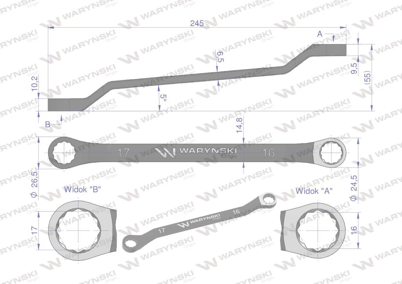 Klucz oczkowy odsadzony 16x17mm crv standard asme b107.9 waryński Klucz oczkowy odsadzony 16x17mm crv standard asme b107.9 waryński - obrazek 2