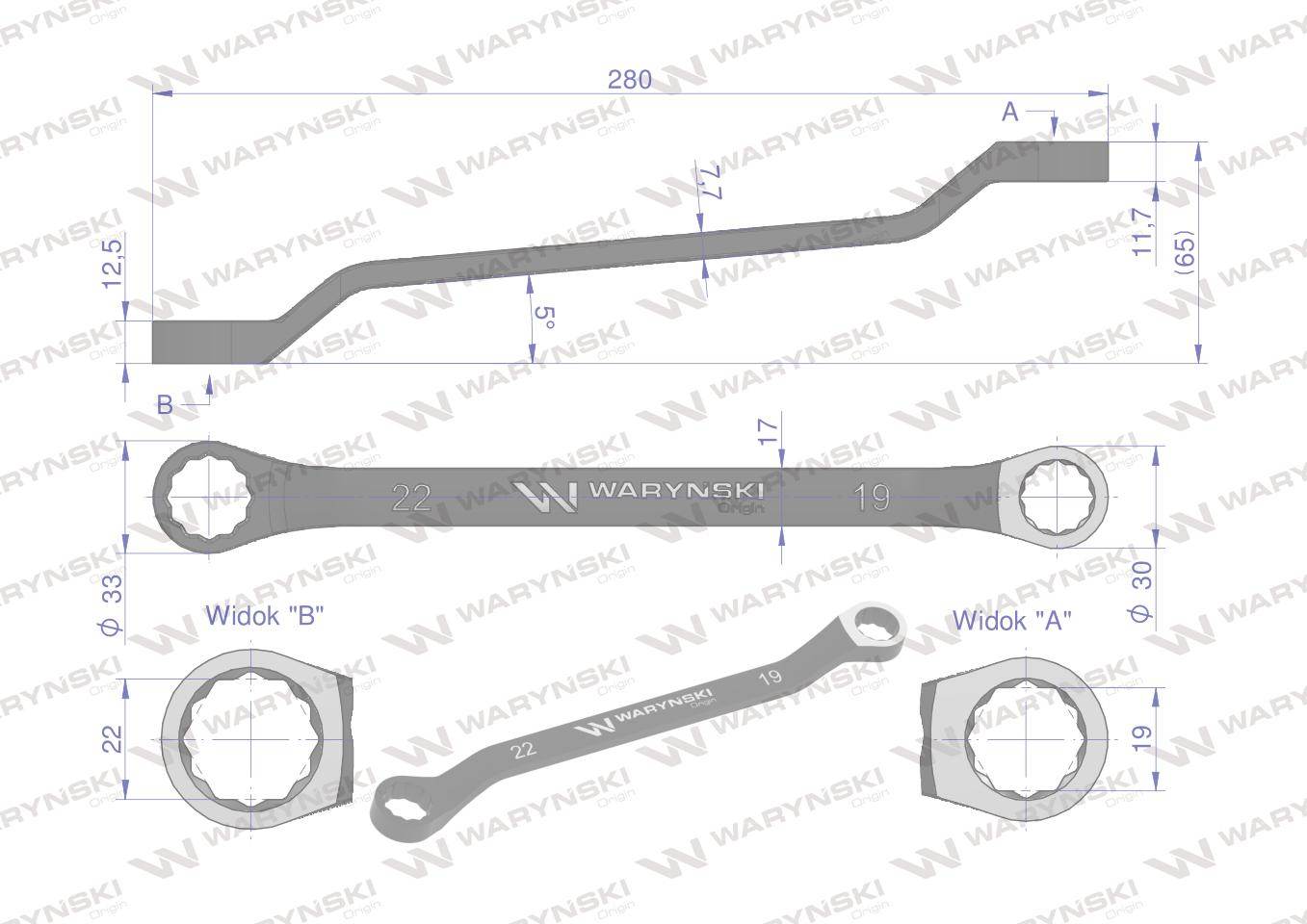 Klucz oczkowy odsadzony 19x22mm crv standard asme b107.9 waryński Klucz oczkowy odsadzony 19x22mm crv standard asme b107.9 waryński - obrazek 2