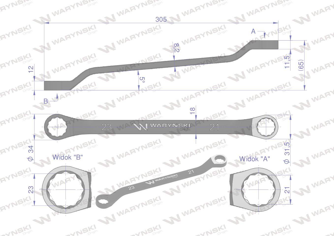 Klucz oczkowy odsadzony 21x23mm crv standard asme b107.9 waryński Klucz oczkowy odsadzony 21x23mm crv standard asme b107.9 waryński - obrazek 2