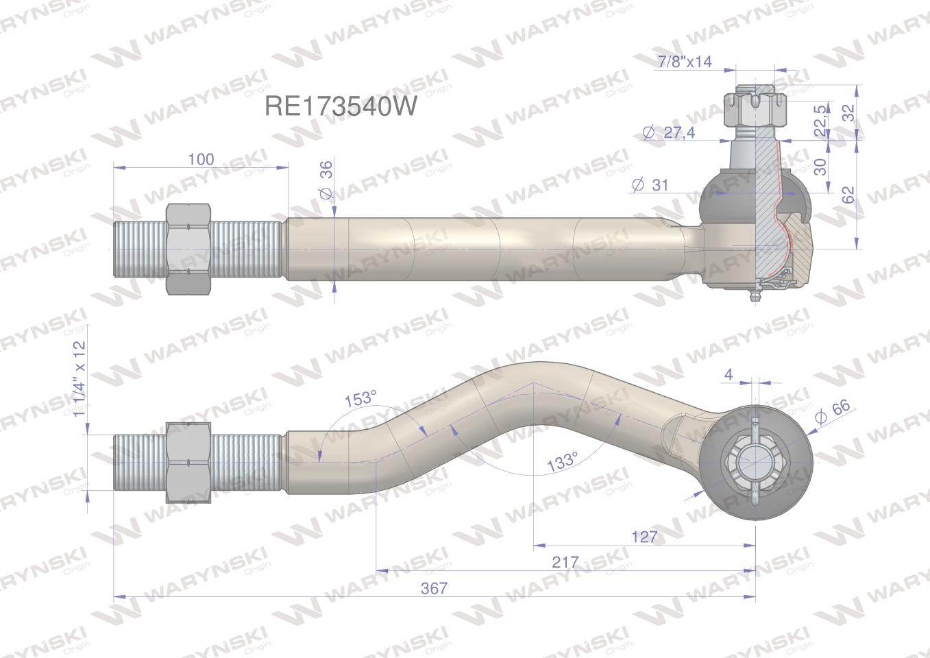 Przegub kierowniczy prawy 367mm 1 1/4" re173540 waryński Przegub kierowniczy prawy 367mm 1 1/4" re173540 waryński - obrazek 2