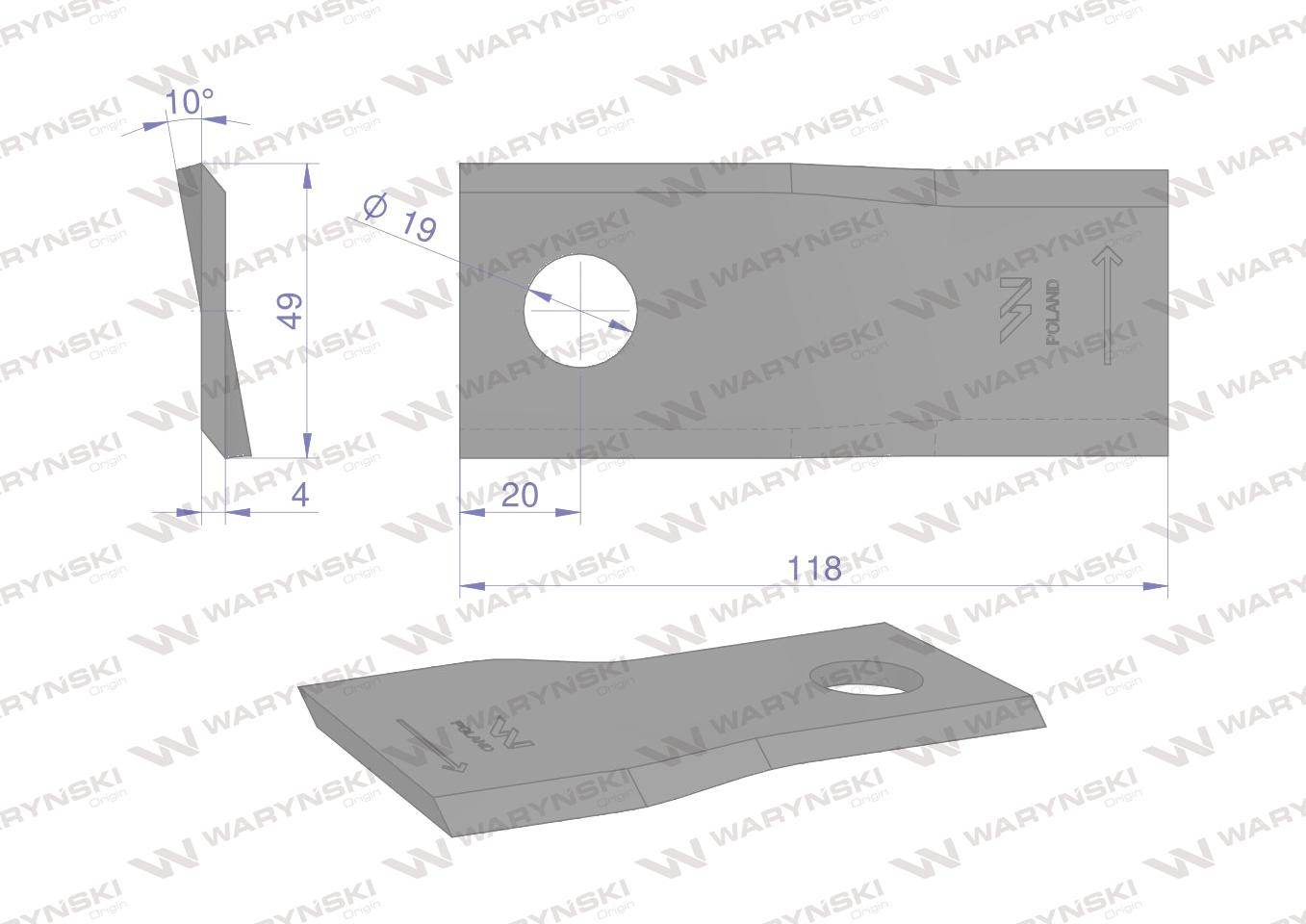 Nóż nożyk kosiarka lewy 118x48x4mm otwór 19 133075 fella waryński 25szt Nóż nożyk kosiarka lewy 118x48x4mm otwór 19 133075 fella waryński 25szt - obrazek 2