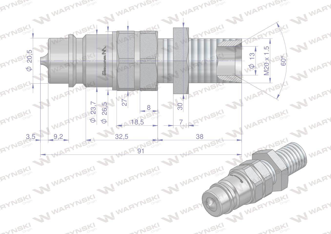 Szybkozłącze hydrauliczne wtyczka long m20x1.5 gwint zewnętrzny euro iso 7241-a waryński Szybkozłącze hydrauliczne wtyczka long m20x1.5 gwint zewnętrzny euro iso 7241-a waryński - obrazek 3