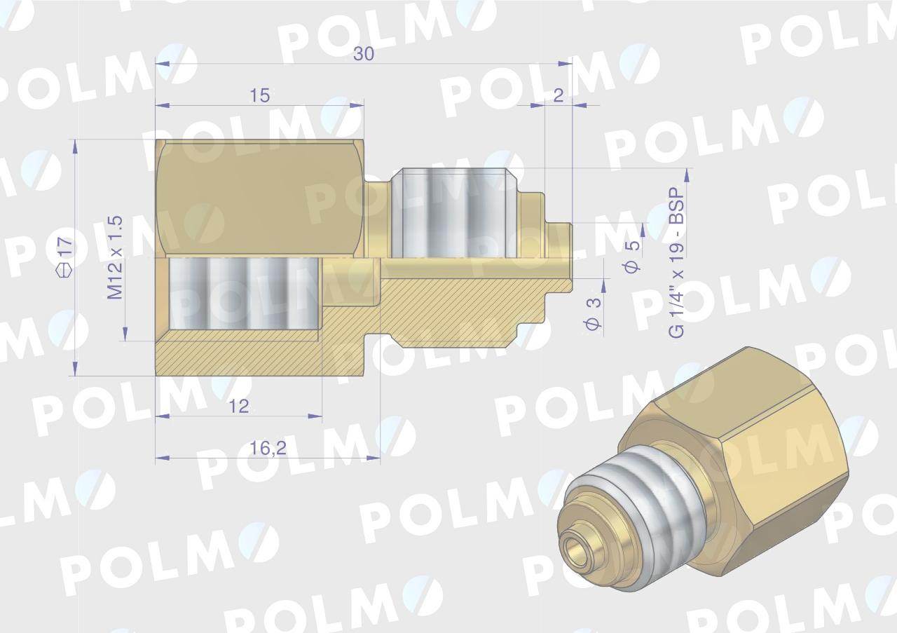Złączka manometryczna gwint zewnętrzny g1/4"xgwint wewnętrzny m12x1.5 mosiądz polmo Złączka manometryczna gwint zewnętrzny g1/4"xgwint wewnętrzny m12x1.5 mosiądz polmo - obrazek 2