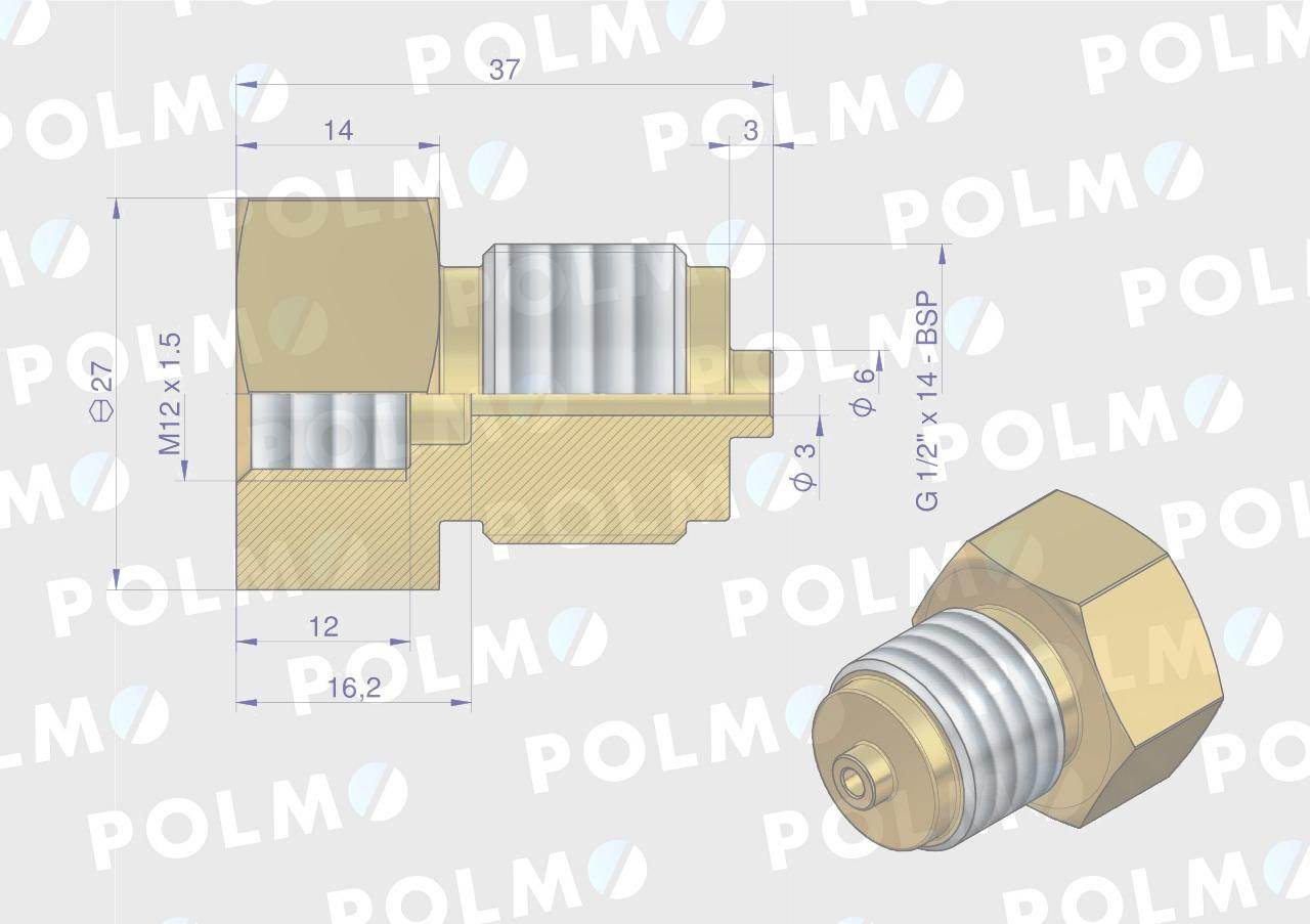 Złączka manometryczna gwint zewnętrzny g1/2"xgwint wewnętrzny m12x1.5 mosiądz polmo Złączka manometryczna gwint zewnętrzny g1/2"xgwint wewnętrzny m12x1.5 mosiądz polmo - obrazek 2