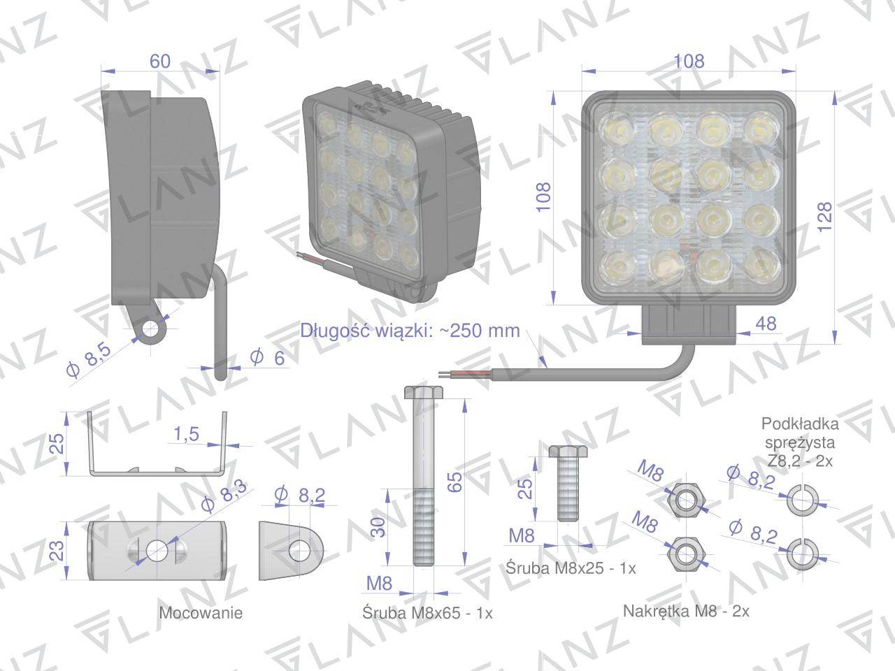 Lampa robocza kwadratowa 48w 16 led glanz Lampa robocza kwadratowa 48w 16 led glanz - obrazek 4
