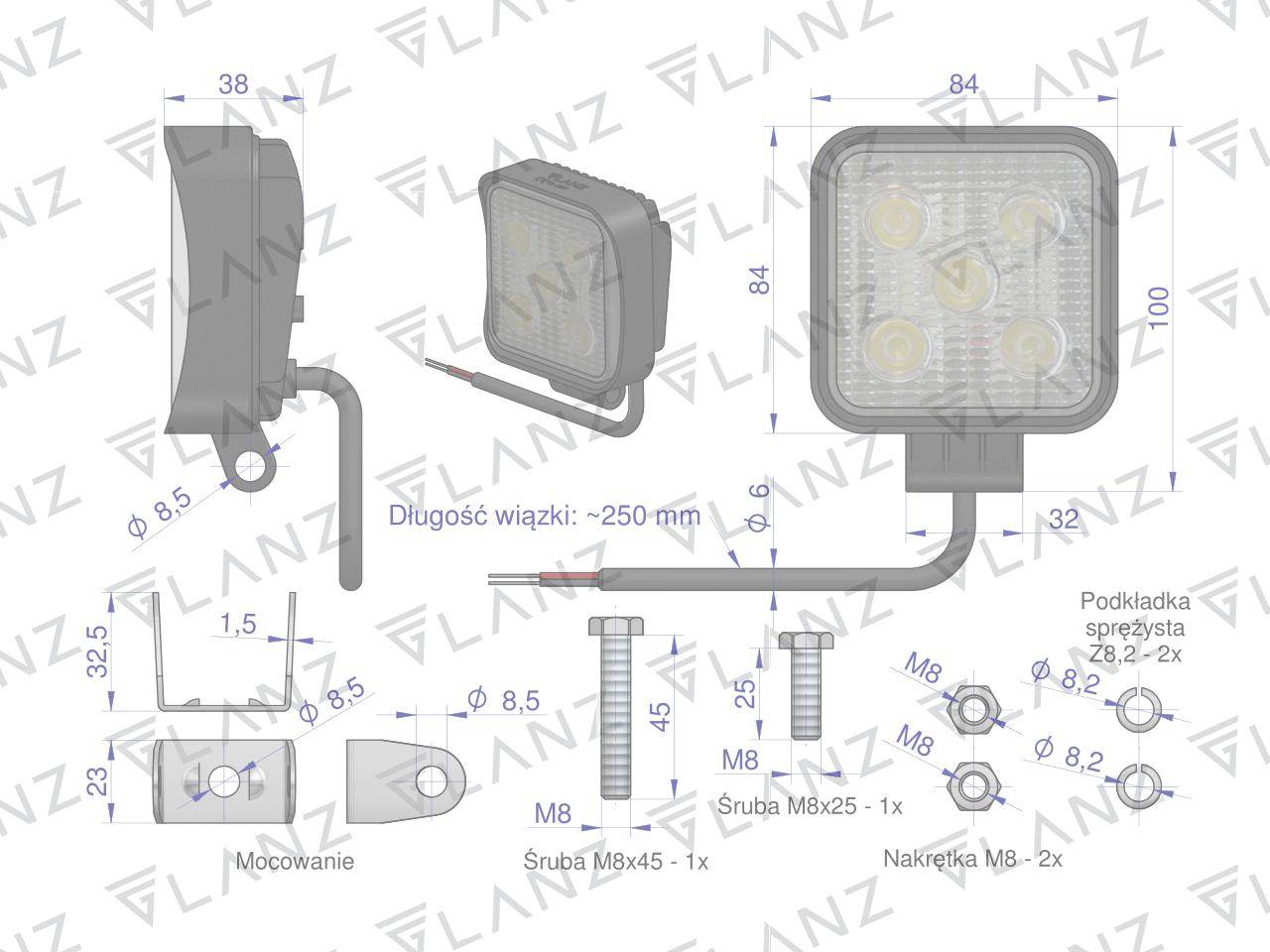 Lampa robocza kwadratowa mini 15w 5 led glanz Lampa robocza kwadratowa mini 15w 5 led glanz - obrazek 4