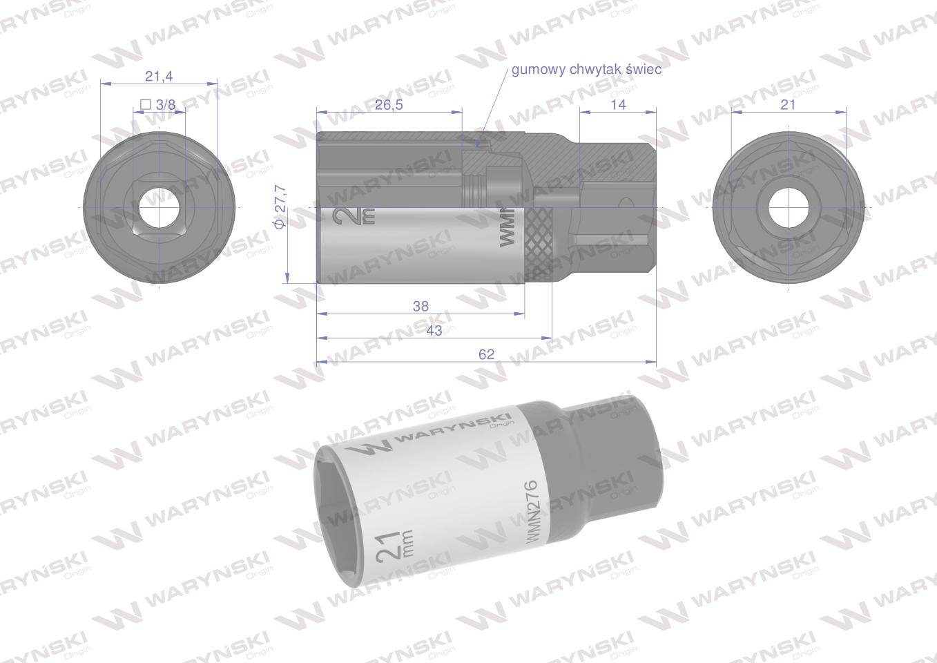 Nasadka do świec 3/8" 21mm crv50bv30 din 3124 waryński Nasadka do świec 3/8" 21mm crv50bv30 din 3124 waryński - obrazek 3