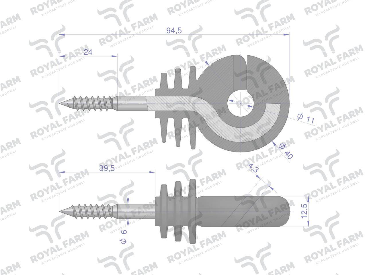 Izolator okrągły z wkrętem fi 6 do drewna z zatopionym trzpieniem wygiętym royal farm 25szt Izolator okrągły z wkrętem fi 6 do drewna z zatopionym trzpieniem wygiętym royal farm 25szt - obrazek 2