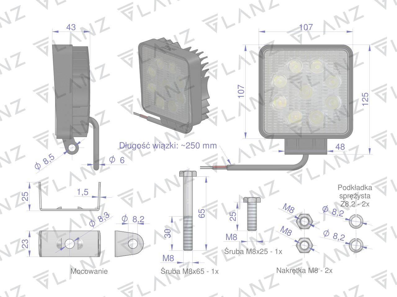 Lampa robocza kwadratowa 27w 9 led glanz Lampa robocza kwadratowa 27w 9 led glanz - obrazek 4