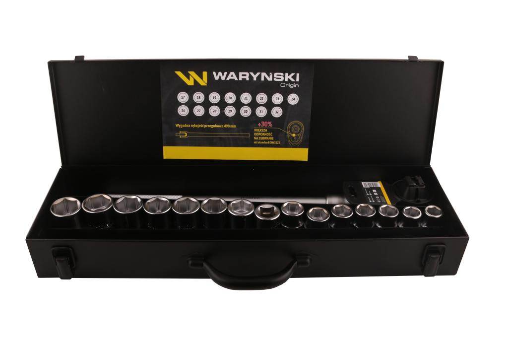 Zestaw nasadek 3/4 z odporną grzechotką i rękojeścią przegubową 17 el waryński