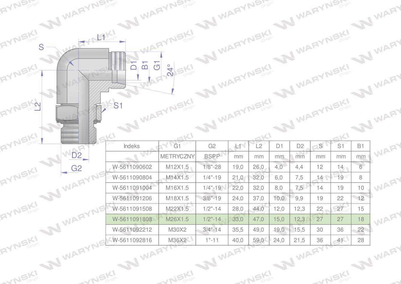 Kolanko hydrauliczne nastawne bb m26x1.5 18lx1/2"bsp z regulacją waryński