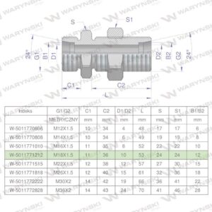 Złączka hydrauliczna metryczna grodziowa bb m18x1.5 12l z przeciwnakrętką xsv waryński 2szt