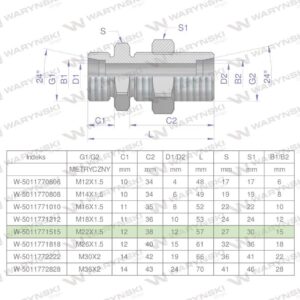 Złączka hydrauliczna metryczna grodziowa bb m22x1.5 15l z przeciwnakrętką xsv waryński 2szt