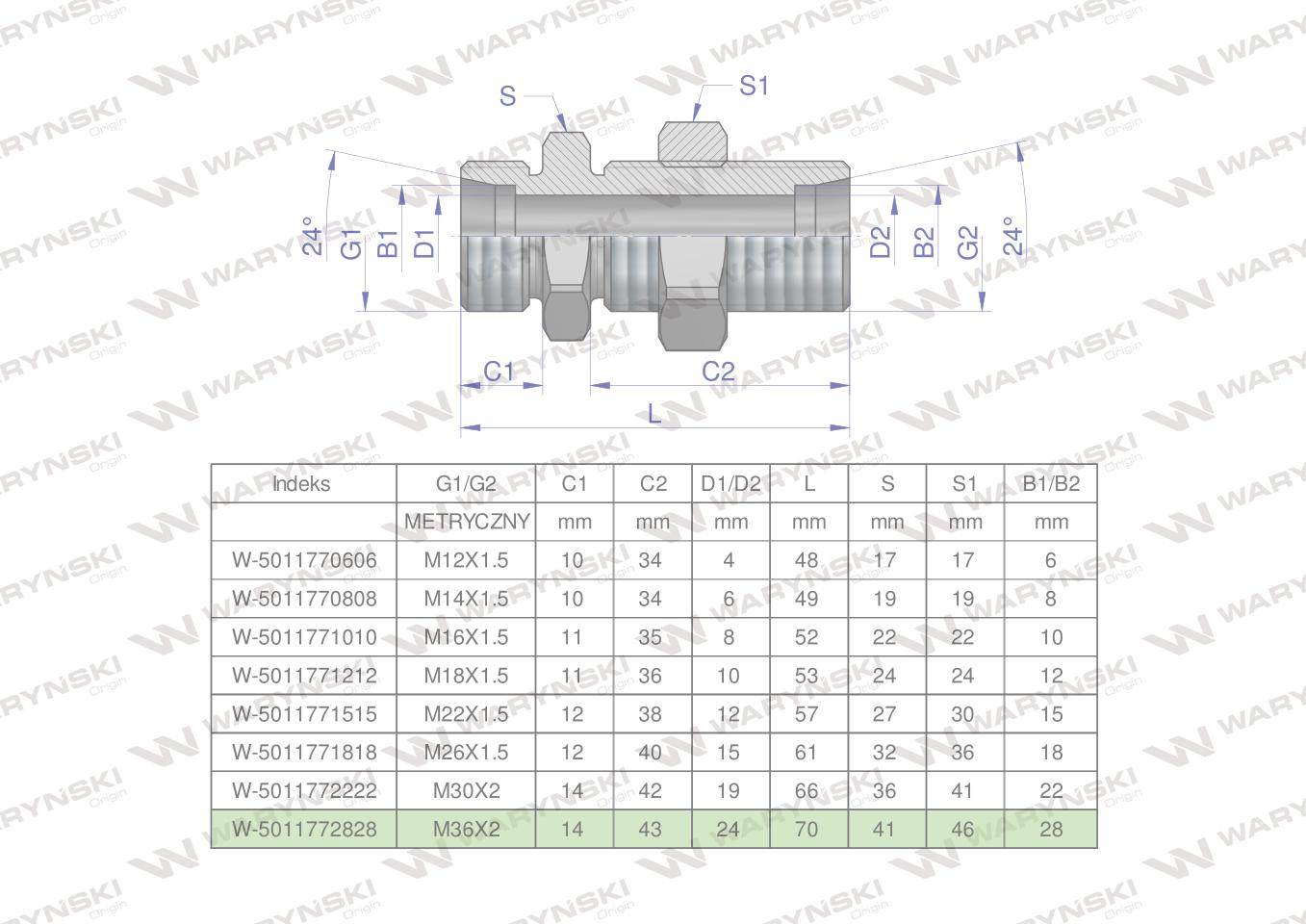 Złączka hydrauliczna metryczna grodziowa bb m36x2 28l z przeciwnakrętką xsv waryński