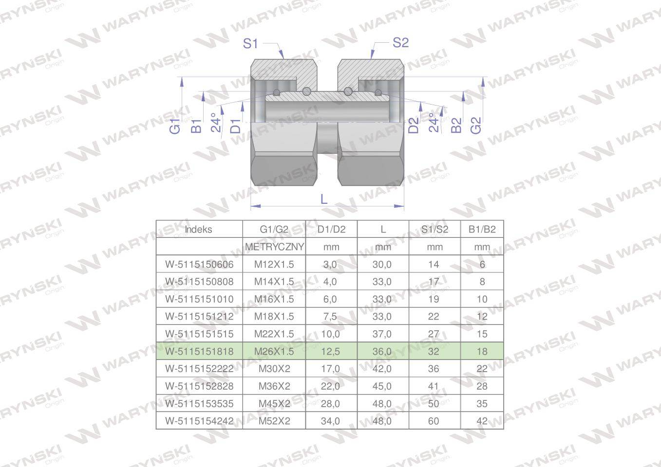 Złączka hydrauliczna metryczna aa m26x1.5 18l waryński