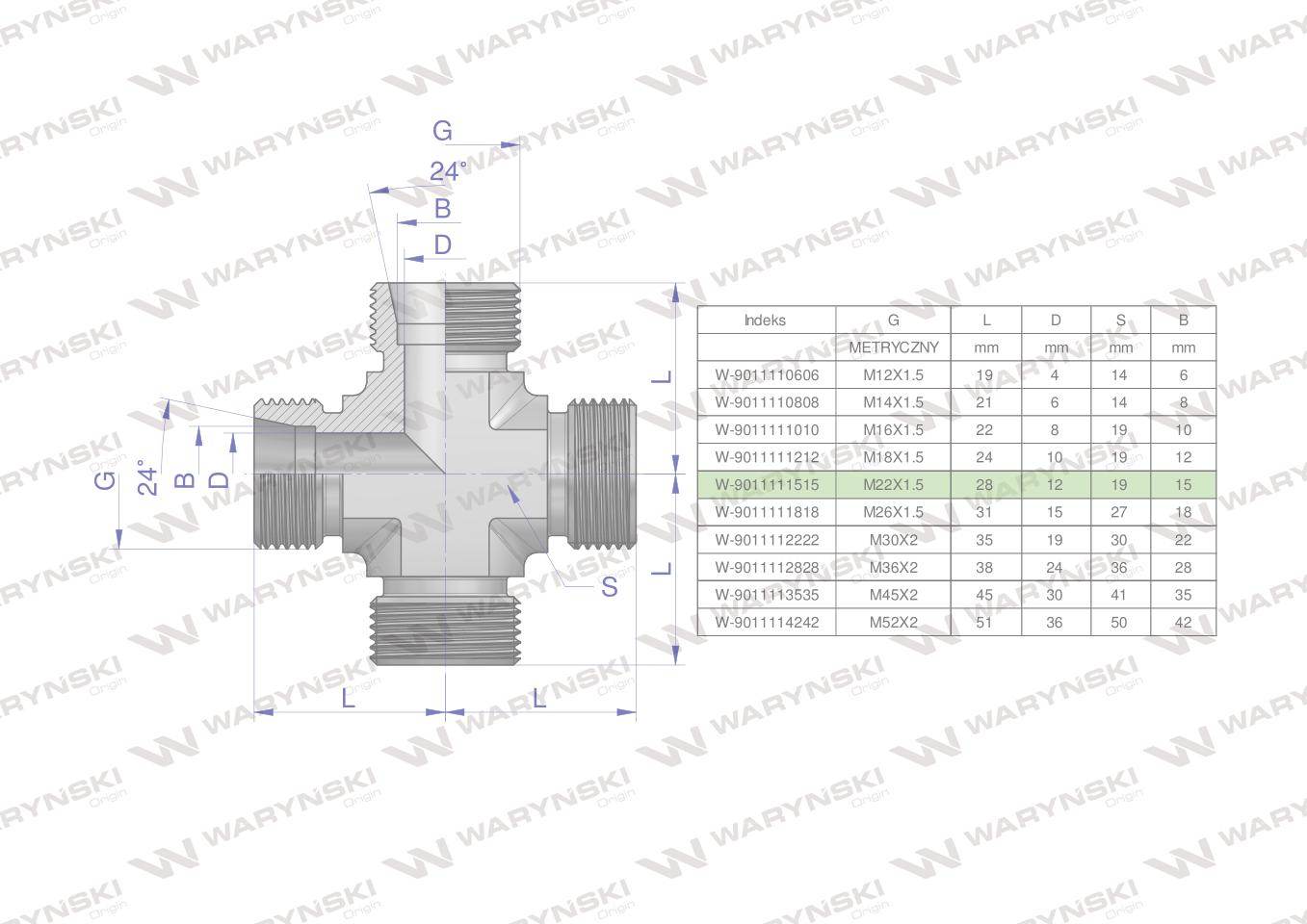 Czwórnik hydrauliczny metryczny bbbb m22x1.5 15l waryński