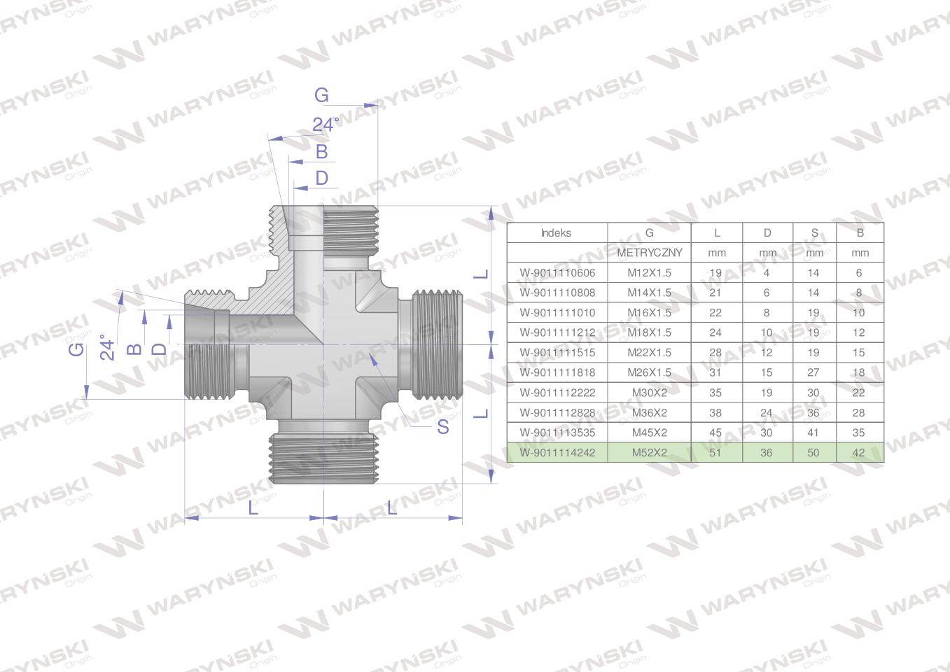 Czwórnik hydrauliczny metryczny bbbb m52x2 42l waryński