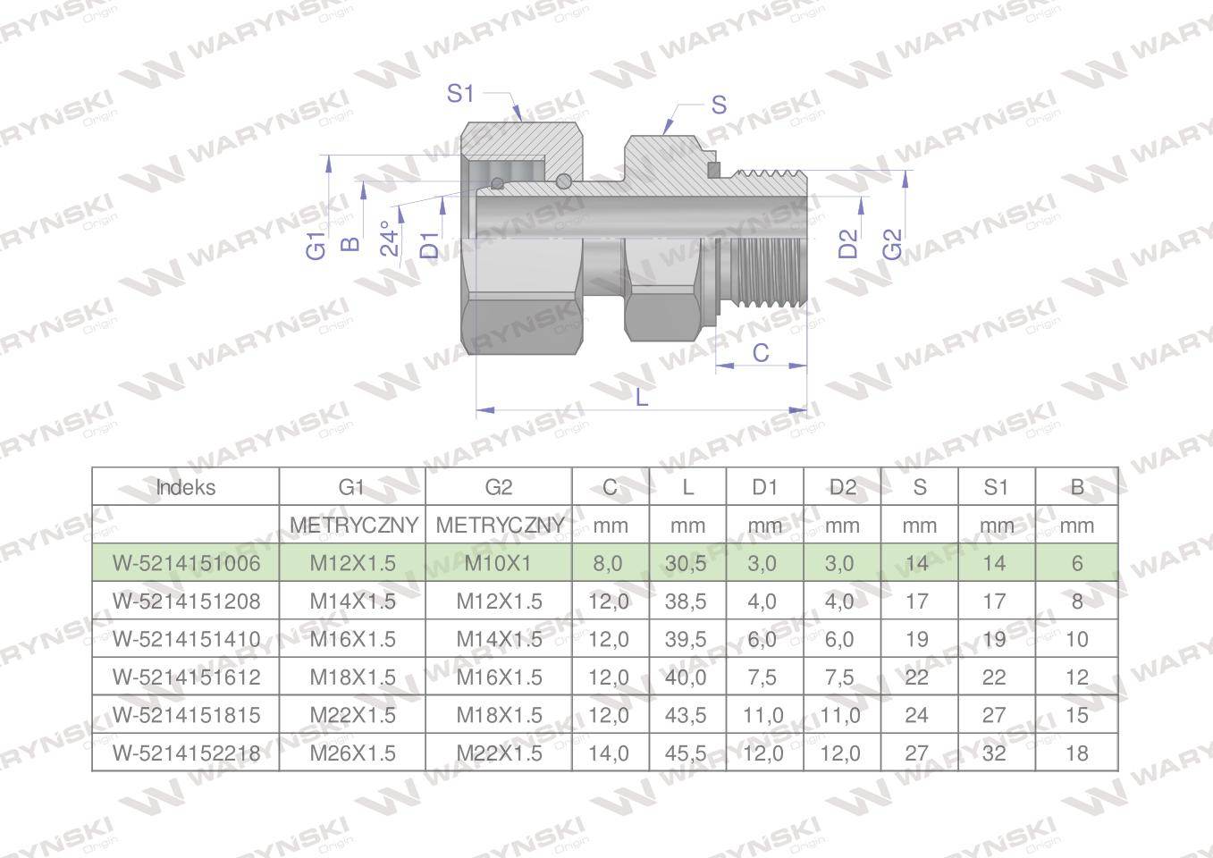 Przyłączka hydrauliczna metryczna ab evge m12x1.5 06lxm10x1 ed waryński 2szt