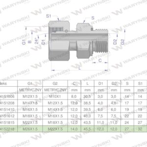 Przyłączka hydrauliczna metryczna ab evge m26x1.5 18lxm22x1.5 ed waryński 2szt