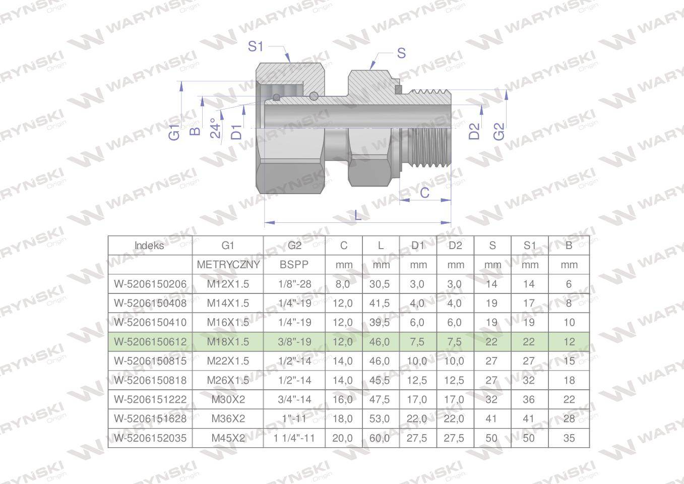 Przyłączka hydrauliczna ab evge m18x1.5 12lx3/8" bsp ed waryński 2szt