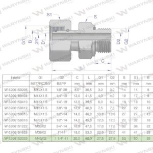 Przyłączka hydrauliczna ab evge m45x2 35lx1 1/4" bsp ed waryński