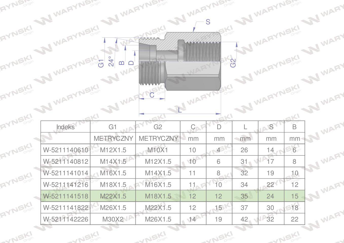 Tulejka różnicowa hydrauliczna metryczna ab m22x1.5 15l gzxm18x1.5 gw waryński 2szt