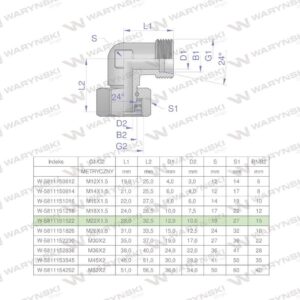 Kolanko hydrauliczne metryczne ab m22x1.5 15l xevw waryński 5szt