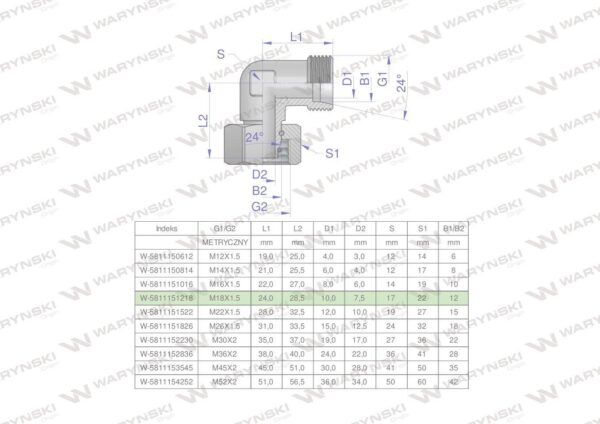 Kolanko hydrauliczne metryczne ab m18x1.5 12l xevw waryński 5szt