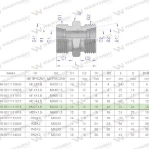 Złączka hydrauliczna metryczna bb m22x1.5 15l xg waryński 10szt
