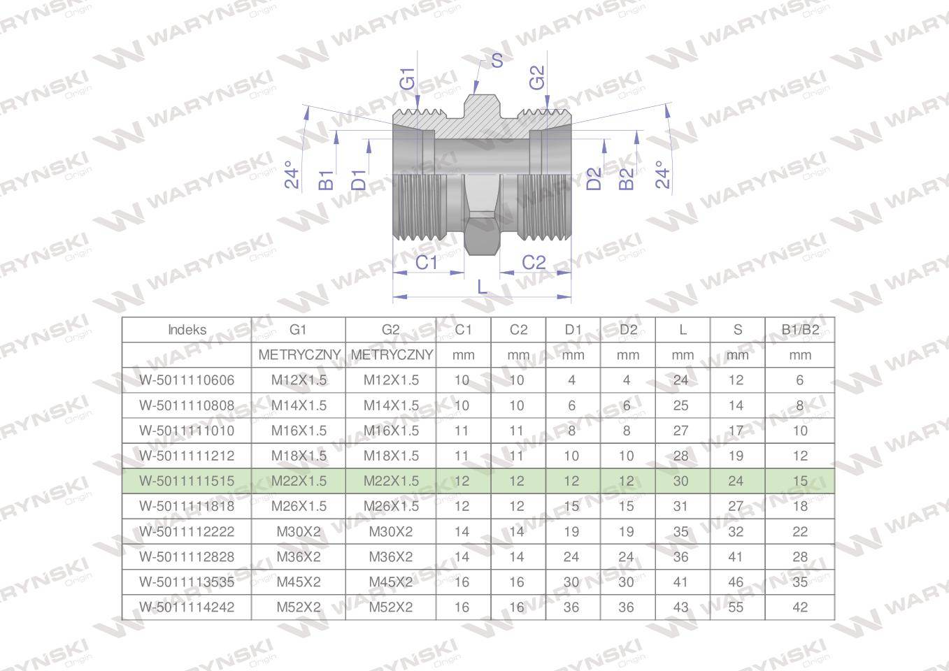 Złączka hydrauliczna metryczna bb m22x1.5 15l xg waryński 10szt