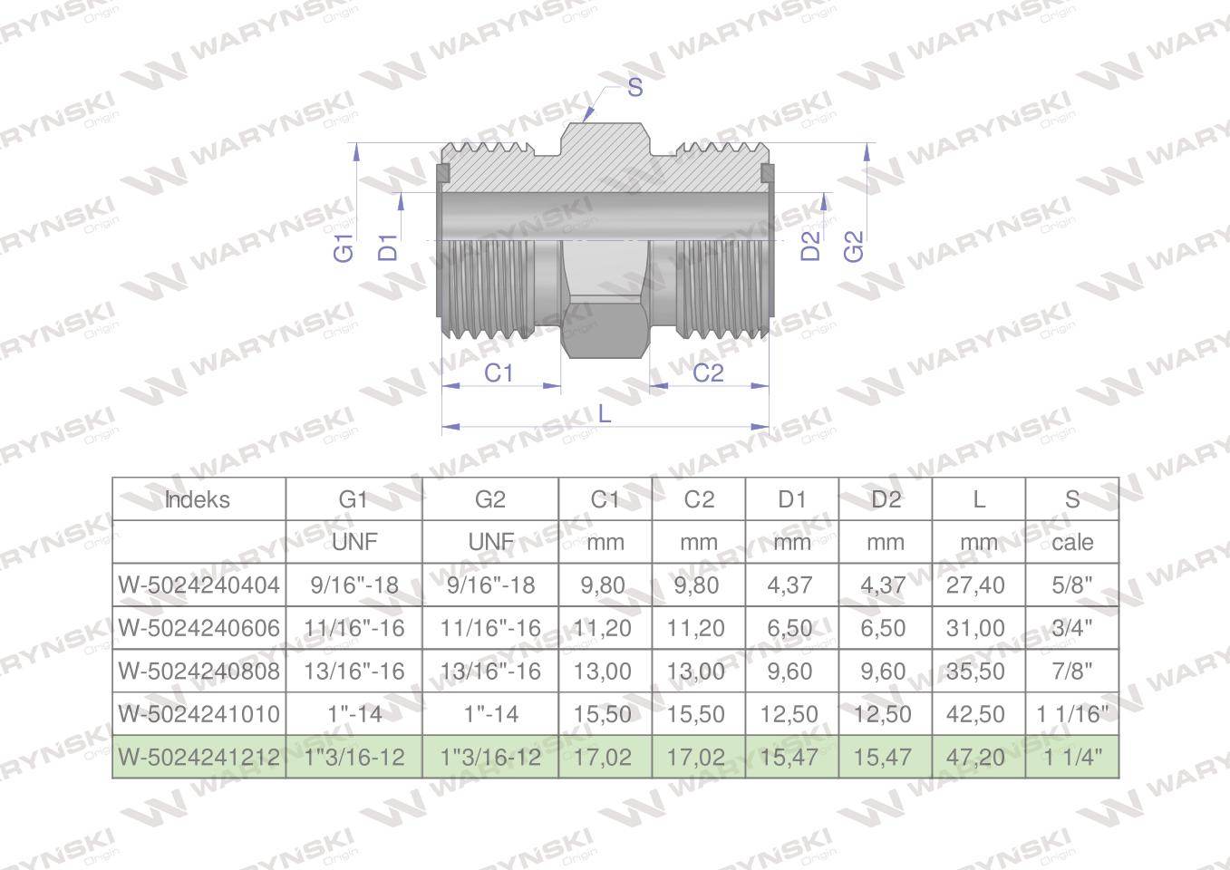Złączka hydrauliczna calowa bb 1 3/16" orfs unf waryński