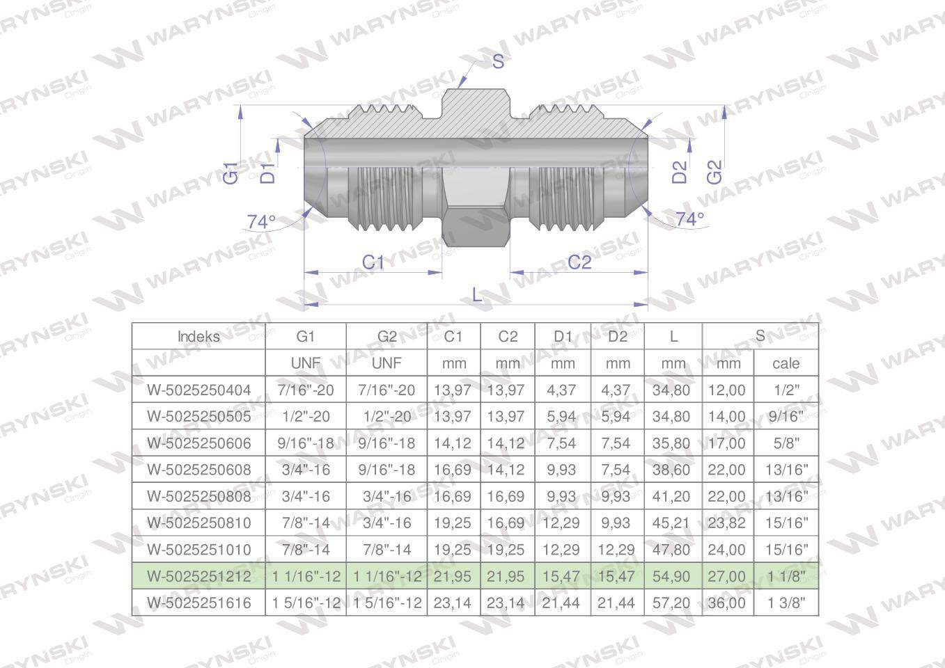 Złączka hydrauliczna calowa bb 1 1/16" unf jic waryński