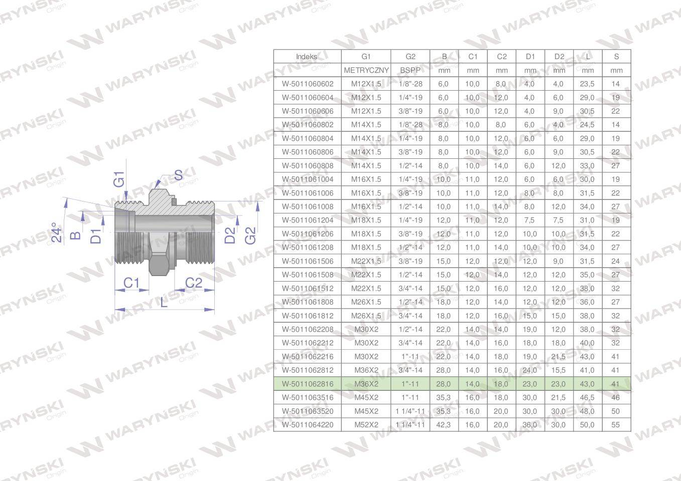 Przyłączka hydrauliczna bb xge m36x2 28l2 28lx1" bsp ed waryński 2szt