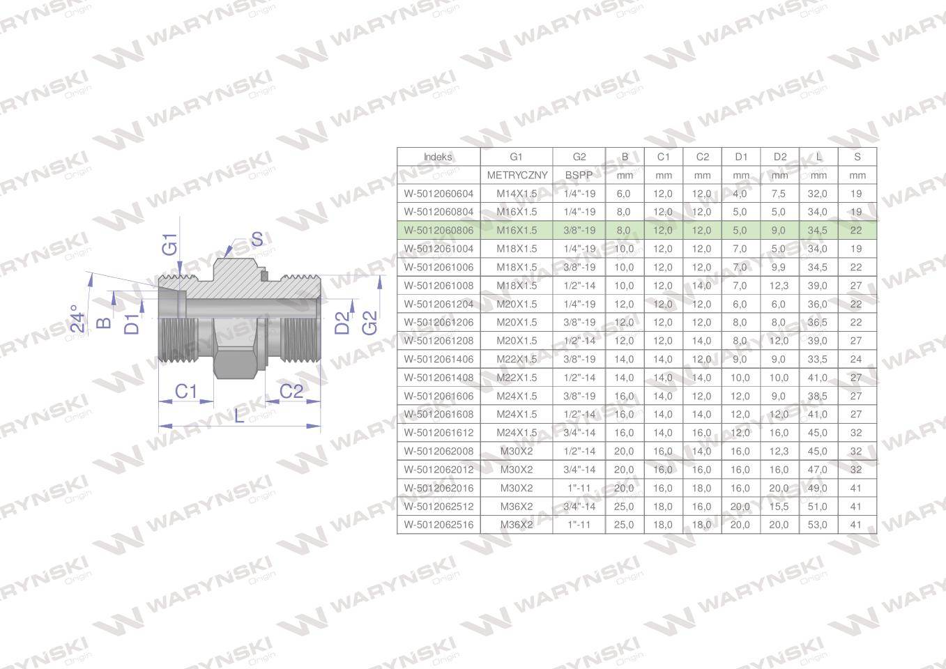 Przyłączka hydrauliczna odmiana ciężka xge bb m16x1.5 08sx3/8" bsp ed waryński 5szt