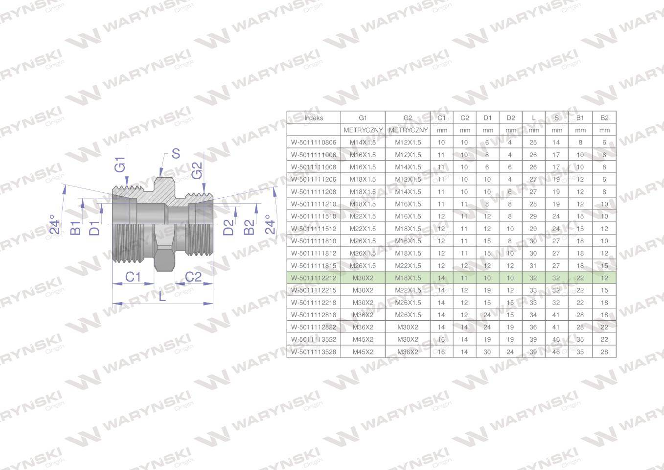 Złączka hydrauliczna redukcyjna metryczna bb m30x2 22l m18x1.5 12l xg waryński