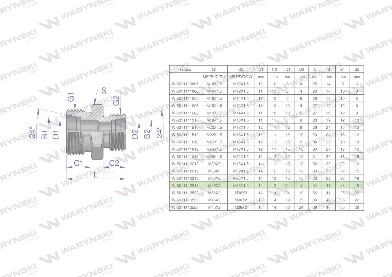 Złączka hydrauliczna redukcyjna metryczna bb m36x2 28l m26x1.5 18l xg waryński