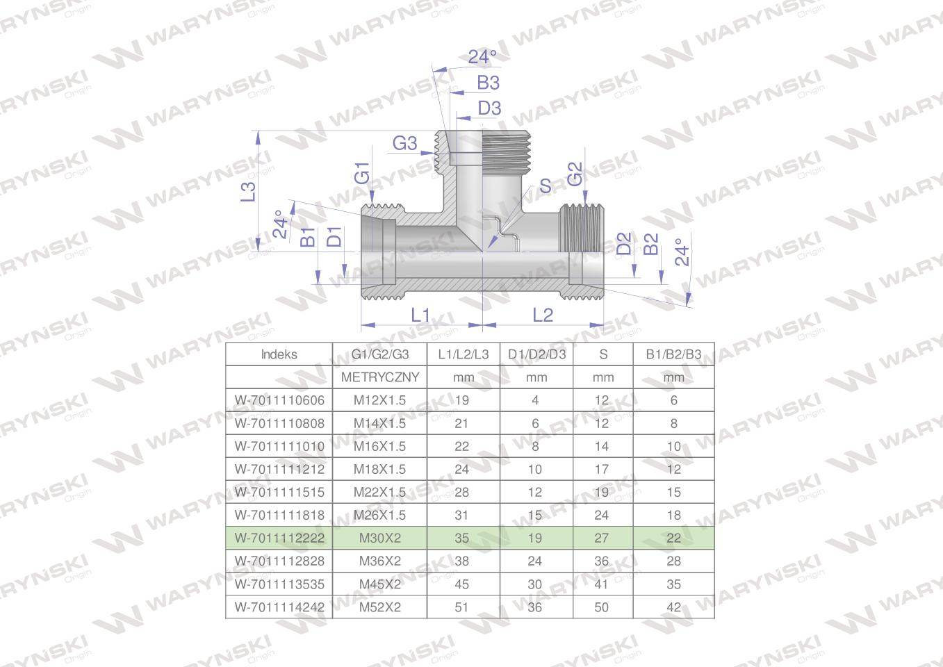 Trójnik hydrauliczny metryczny bbb m30x2 22l xt waryński