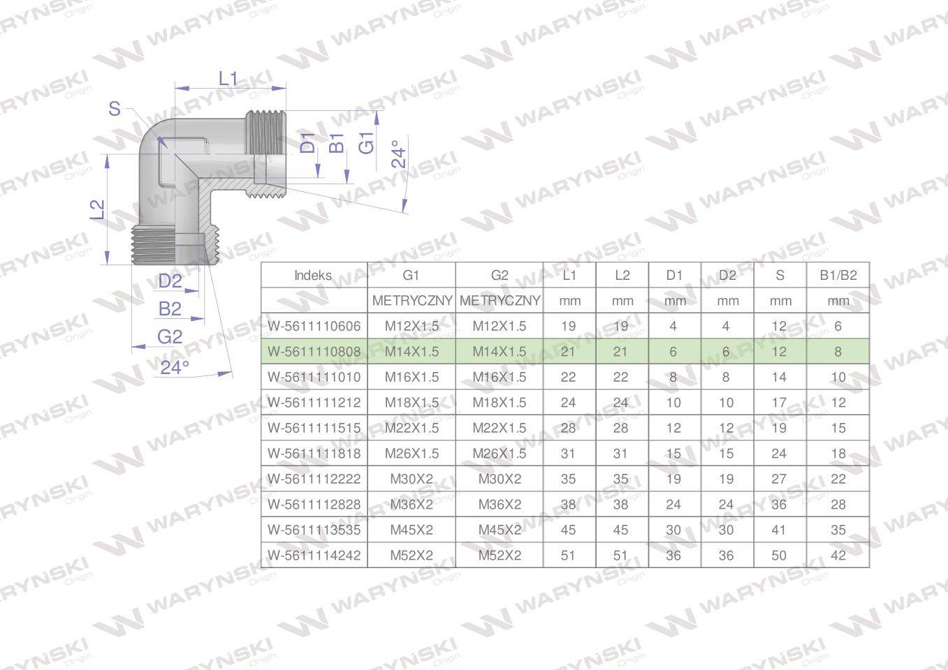 Kolanko hydrauliczne metryczne bb m14x1.5 08l xw waryński 5szt