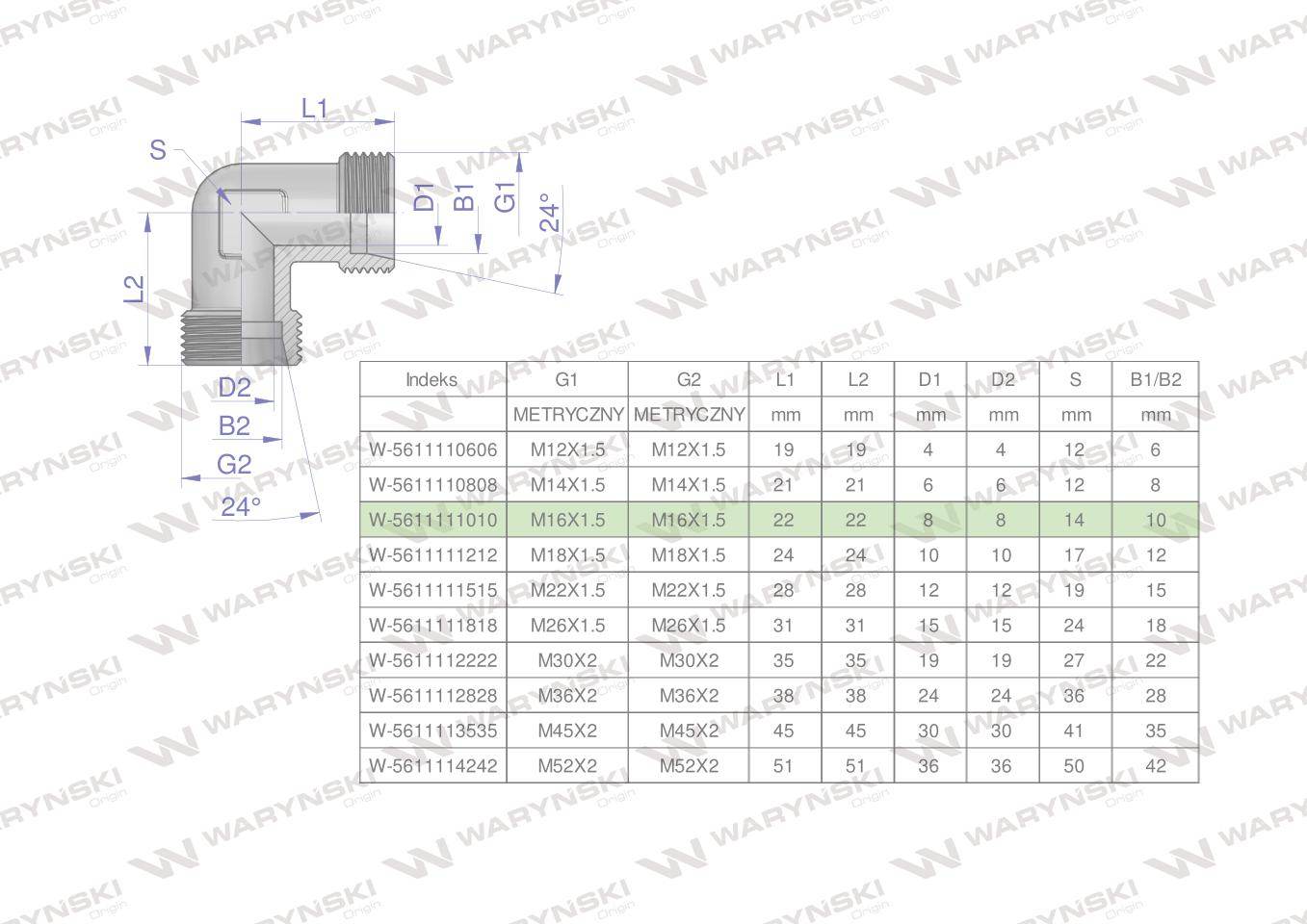 Kolanko hydrauliczne metryczne bb m16x1.5 10l xw waryński 5szt