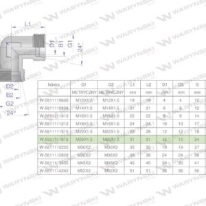 Kolanko hydrauliczne metryczne bb m26x1.5 18l xw waryński