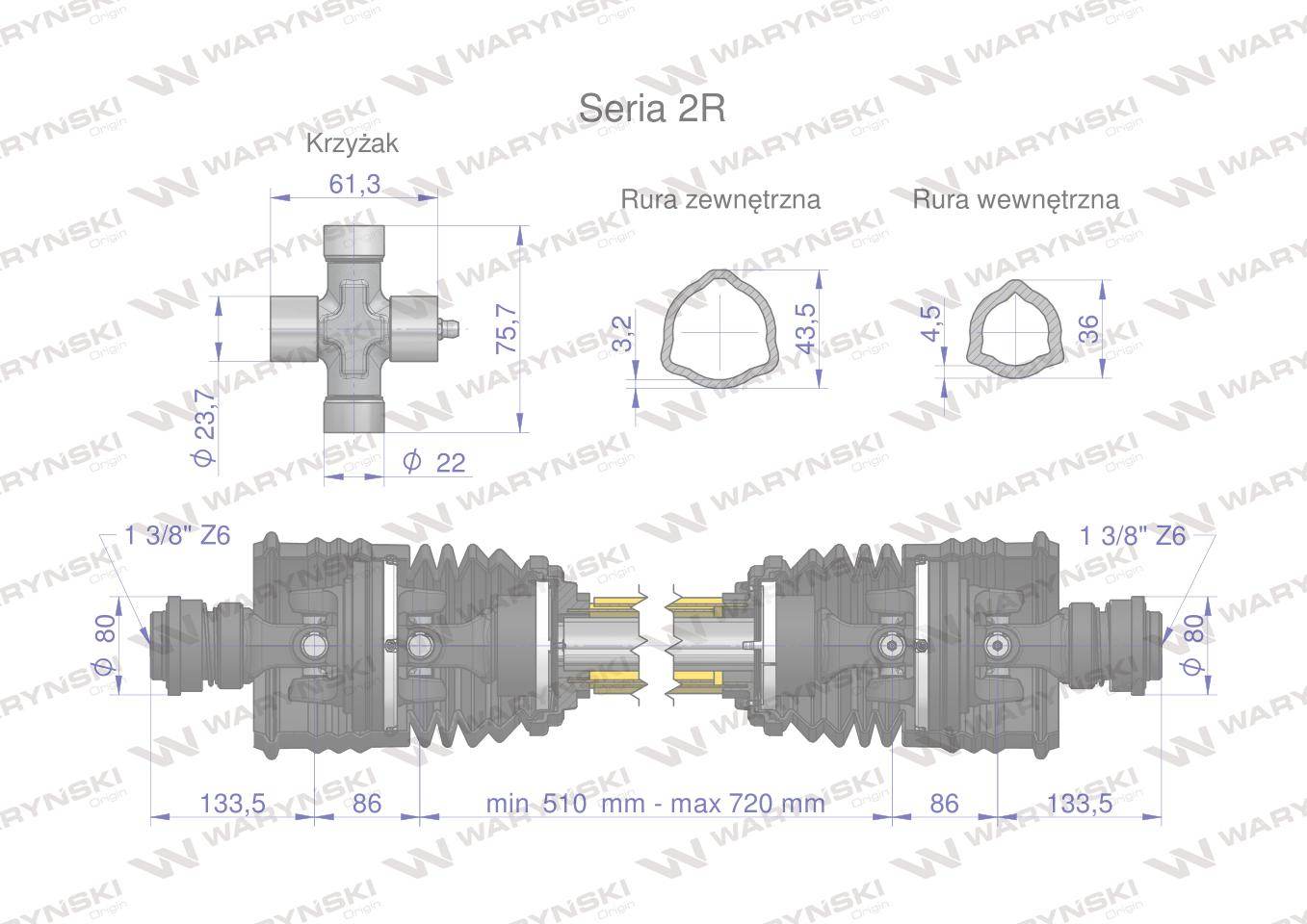 Wał przegubowo-teleskopowy 510-720mm 270nm szerokokątny z dwóch stron ce seria 2r waryński Wał przegubowo-teleskopowy 510-720mm 270nm szerokokątny z dwóch stron ce seria 2r waryński - obrazek 3
