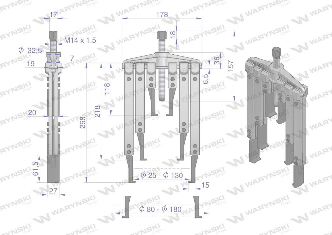 Zestaw ściągaczy do łożysk dwuramiennych z przedłużonymi ramionami typ t 80-180 waryński Zestaw ściągaczy do łożysk dwuramiennych z przedłużonymi ramionami typ t 80-180 waryński - obrazek 2