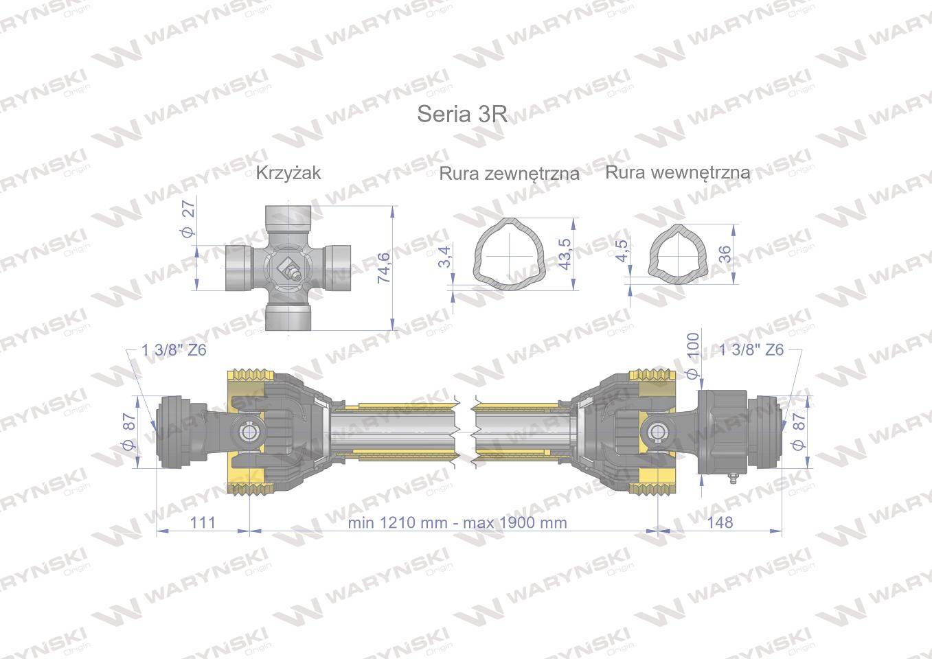Wał przegubowo-teleskopowy 1210-1900mm 460nm sprzęgło jednokierunkowe ce 2020 seria 3r waryński Wał przegubowo-teleskopowy 1210-1900mm 460nm sprzęgło jednokierunkowe ce 2020 seria 3r waryński - obrazek 3